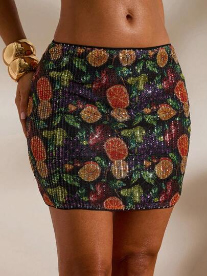 Opulessa Women's Vacation Beach Fruit Print Sequin Bodycon Mini Skirt