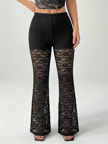 SHEIN Tall CURVE Quần dài xuyên thấu cỡ lớn dành cho nữ, quần legging ren, quần ống loe, quần xuyên thấu, quần đen gợi cảm dành cho nữ, trang phục mùa hè cho nữ, trang phục đi xem hòa nhạc, trang phục dự tiệc rave cho nữ. - màu đen - Xem 4