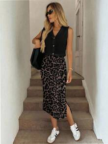 SHEIN LUNE 女士休闲纽扣开衫背心和迷你裙两件套，适合春夏穿着 - 彩色 - 查看 6