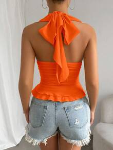 SHEIN LUNE Women's Solid Color Ruffle Trim Halter Neck Camisole - Burnt Orange - View 2
