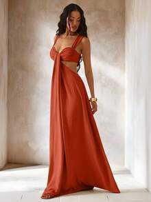 Hauture Women's Simple Solid Color Hollow Pleated Summer Dress - Orange - View 4