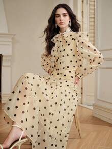 Anewsta 女士春夏波点叠层短袖两件套，适合通勤和周末外出 - 杏色 - 查看 6