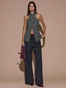 Blusa elegante de color café sólido con cuello halter sin espalda para mujer, top elegante, top con estilo de envoltura cruzada, otoño/invierno - Gris Oscuro - Ver 3