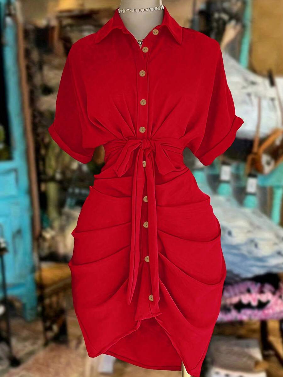 NostaNoir Women's Fashion Solid Color Single-Breasted Tie Bow Ruffle Short Sleeve Shirt Dress - Red - View 1