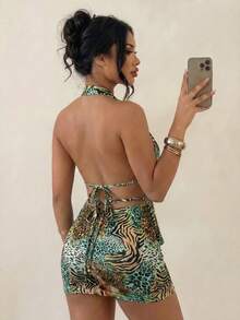 Sirith Women's Leopard & Zebra Print Halter Neck Ruched Top And Mini Skirt Sexy 2-Piece Outfit - Multicolor - View 8