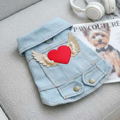 PETSIN 1pc Love Angel Wings Embroidered Pet Clothing, Cat And Dog Universal Clothing, Cute Small Dog Casual Coat With Traction Ring