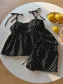 Conjunto de 2 piezas de camiseta sin mangas y pantalones cortos con estampado de lunares para vacaciones, lunares negros - Marrón - Ver 2