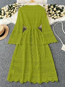 SHEIN Franclia Áo khoác cardigan dáng rộng dành cho nữ, màu trơn, kiểu dáng lãng mạn, chất liệu lưới đan móc, có dây rút và nơ, thích hợp cho kỳ nghỉ ở bãi biển. - Màu xanh Ô liu - Xem 2
