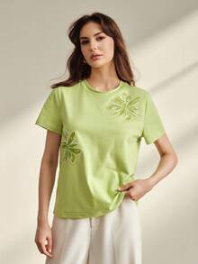 Anewsta 女士夏季亮片刺绣修身绿色T恤 - 薄荷綠 - 查看 1