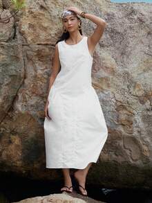 DAZY 女士纯色圆领无袖开衩休闲连衣裙，秋季 - 白色 - 查看 3