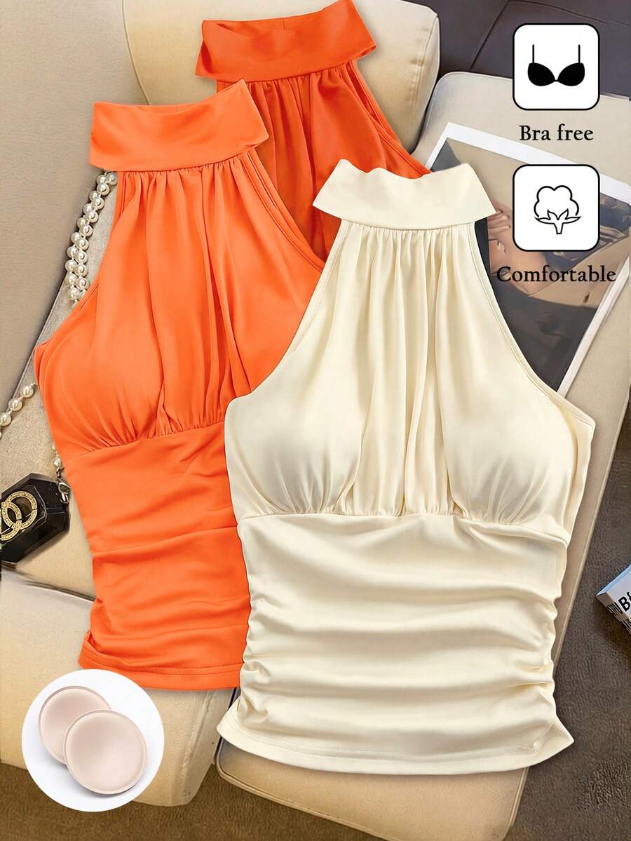 SHEIN LUNE 女士时尚优雅无袖吊带背心,内置胸垫,多功能挂脖式背心,夏季 - 彩色 - 查看 1