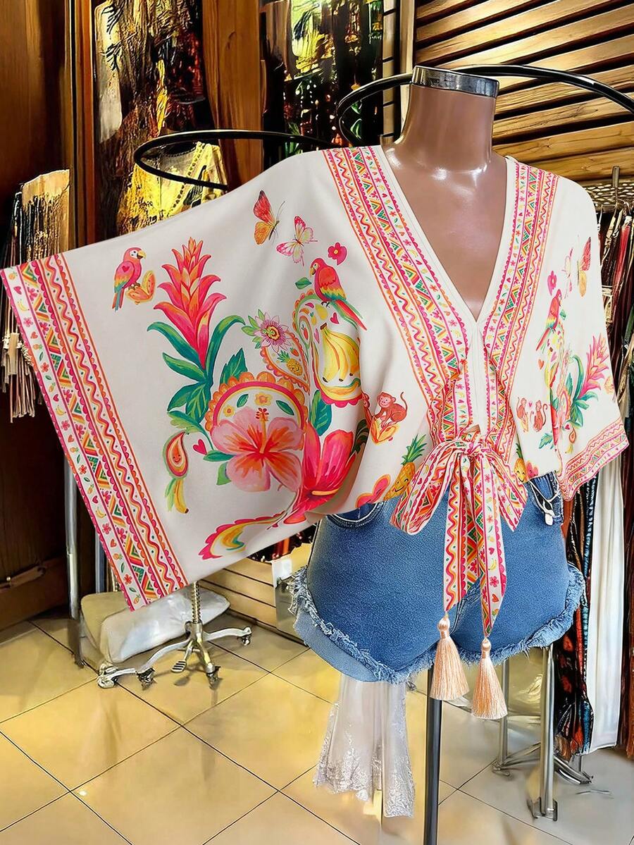 Franclia Blouse décontractée à col V, imprimé fruits, animaux, fleurs et papillons, blocs de couleurs, élégante et mignonne, style rétro, pour vacances et plage, taille grande, printemps/été - Multicolore - Voir 1