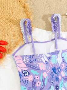 SHEIN Conjunto de traje de baño de una pieza con estampado floral y minifalda para niña preadolescente, adecuado para vacaciones en la playa, fiestas en la piscina y fiestas en la playa - Morado - Ver 5