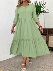 EMERY ROSE Vestido casual simple con botones, manga media y fruncido en la parte delantera, de unicolor y longitud media, para mujeres de talla grande, atuendo maxi para el Día de Acción de Gracias - Verde - Ver 6