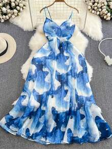 Rometta Plus Size Women Ink Tie Dye Print Strapless Midi Dress, French Style Waist Cinched A-Line Beach Dress, Summer - Blue - View 1