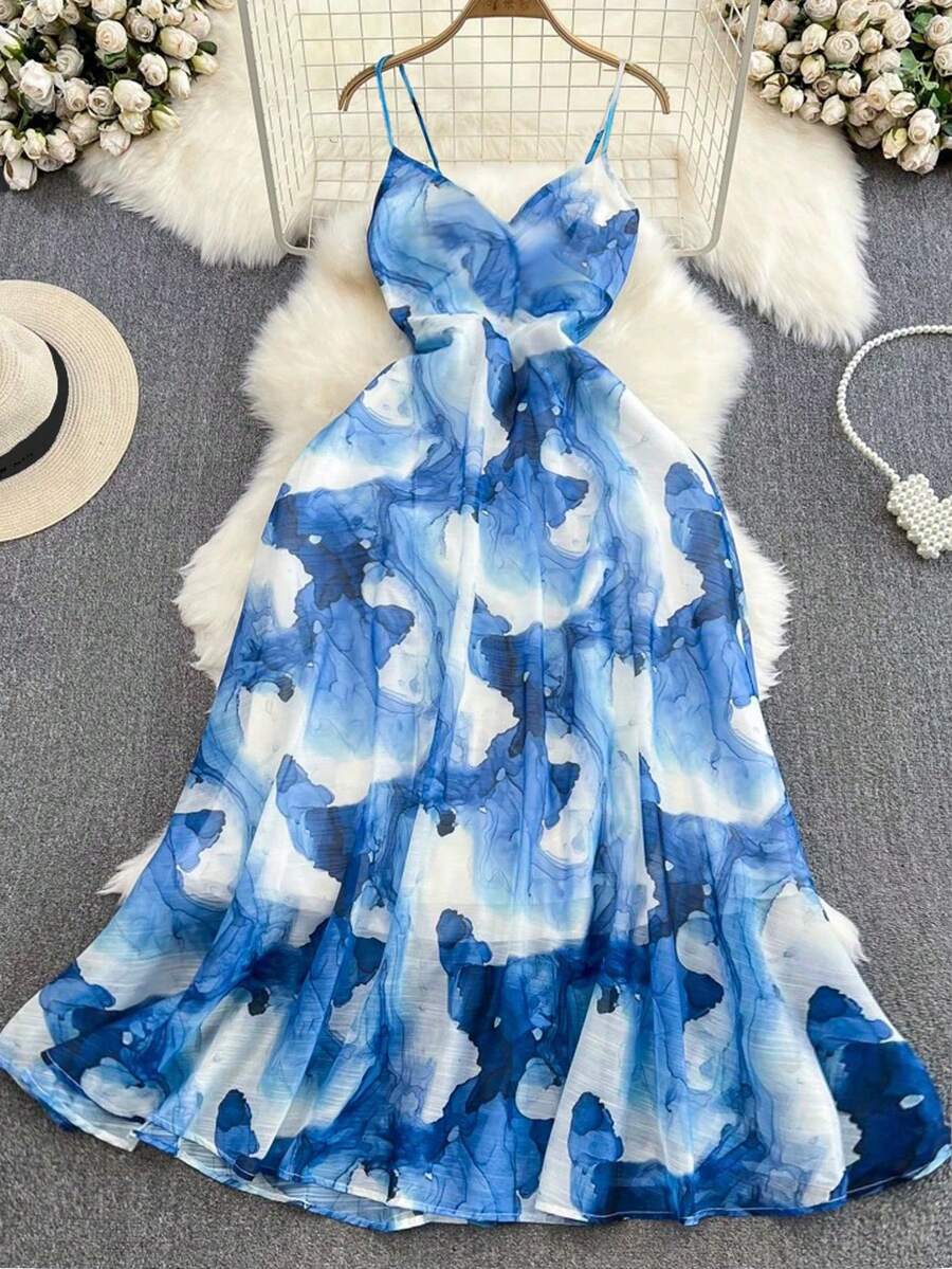 Rometta Plus Size Women Ink Tie Dye Print Strapless Midi Dress, French Style Waist Cinched A-Line Beach Dress, Summer - Blue - View 1