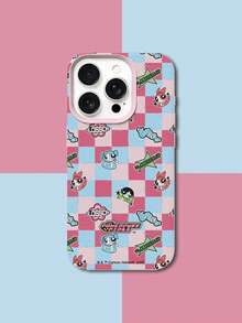 THE POWERPUFF GIRLS X SHEIN 飞天小女警花花泡泡毛毛全角色粉蓝棋盘格卡通印花粉色边框皮革质感手机壳防震防摔全包保护套适用于iPhone 17 Pro 16 15 14 13 12 Pro Max Plus Y2K复古美学可爱少女ins风高档手机壳 - 彩色 - 查看 3