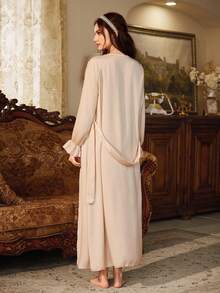 SHEIN 刺绣饰边拼接长袖睡袍+吊带双层荷叶边设计睡裙女士睡衣套装 - 杏色 - 查看 2