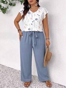 SHEIN Frenchy Bộ đồ 2 món cỡ lớn gồm áo và quần in hoa, trang phục thường ngày cho kỳ nghỉ. - Nhiều màu - Xem 5