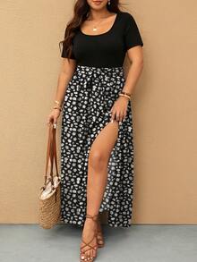 SHEIN Elaquor Plus Size Casual Floral Patchwork High Slit Dress Zoey Outfit Women Casual Outfits Women Dress New Arrival Dress Floral Dress Women - Multicolor - View 4