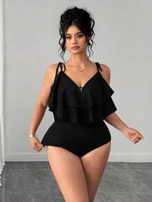 Elenzga Plus Size Women Solid Color Ruffle Trim Bodysuit - Grey - View 3