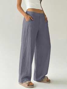 Easelle Women's Solid Color Button Casual Versatile Wide Leg Pants For Daily Wear - Light Grey - View 6