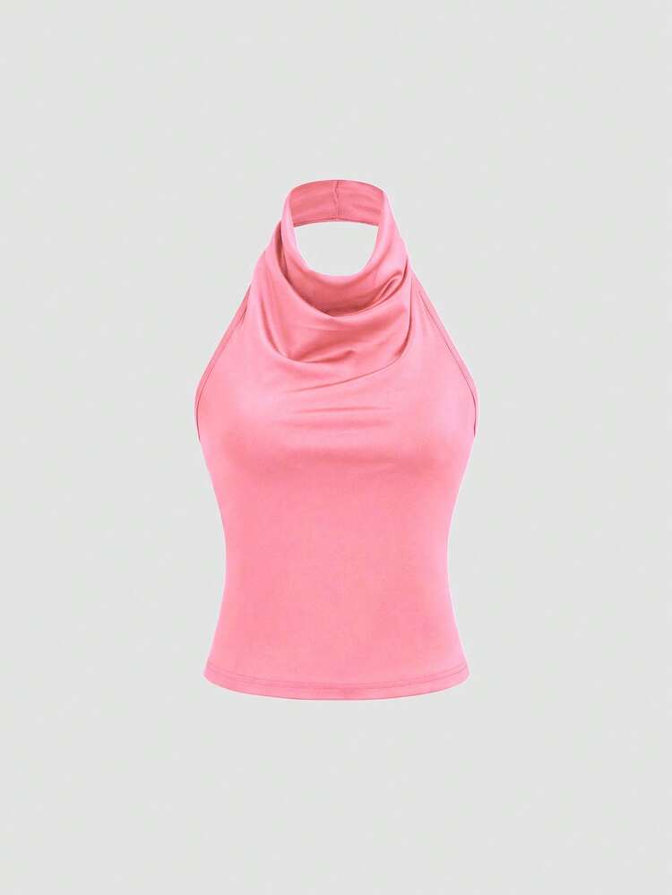 Sweetra Scoop Neck Halter Elegant Basic Camisole With Elastic