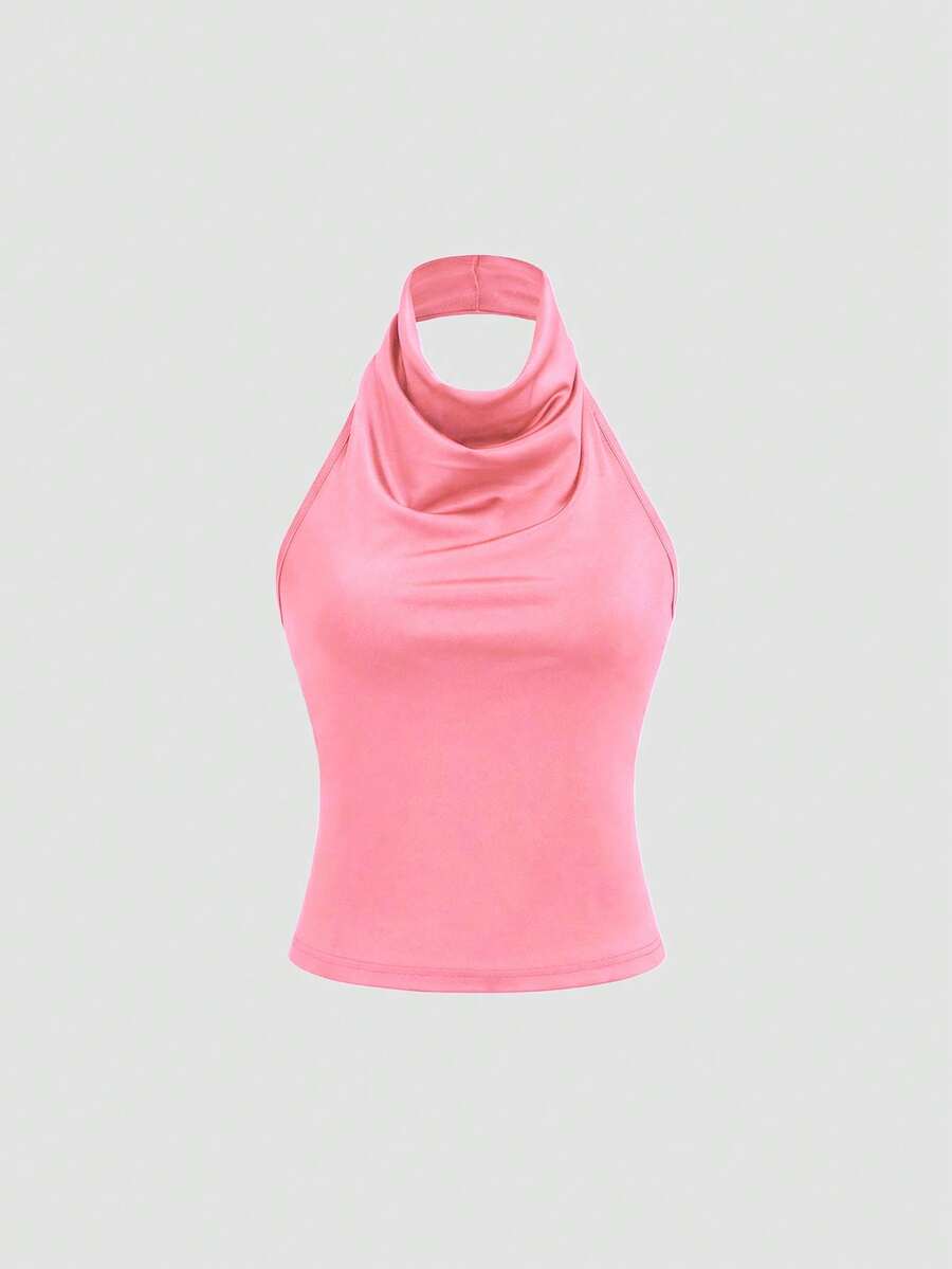 SHEIN Unity 高领露背吊带优雅基础款背心,后背采用弹性可调节交叉设计。 - 西瓜粉 - 查看 1