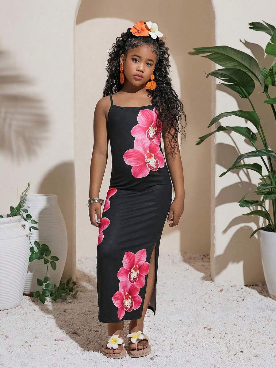 Tween Girl Casual Vacation Black Tropical Floral Print Slit Hem Dress - Black - View 1