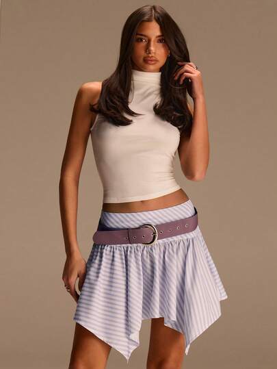 Athîral Women's Casual Asymmetrical Hem Purple Striped Print Skirt With Belt, Summer