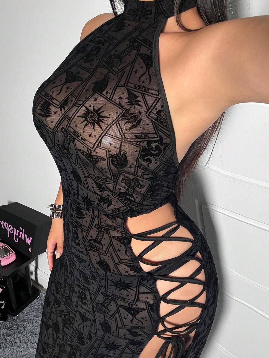 Whyspr Robe de soirée sexy à col ras-du-cou et design à nouer pour femmes grandes tailles - Noir - Voir 1