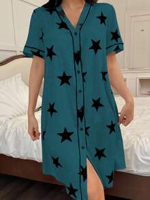 SHEIN 美国休闲星形印花V领短袖女士睡裙 - 墨綠色 - 查看 6