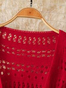 SHEIN Franclia Áo khoác cardigan dáng rộng dành cho nữ, màu trơn, kiểu dáng lãng mạn, chất liệu lưới đan móc, có dây rút và nơ, thích hợp cho kỳ nghỉ ở bãi biển. - Đỏ - Xem 3