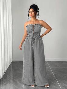 SHEIN Tall CURVE 大码女式条纹抹胸系带休闲日常连体裤 - 黑與白 - 查看 5
