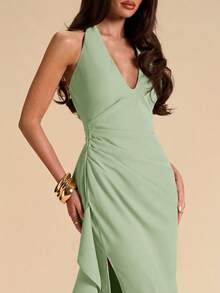 SHEIN BAE Spring & Summer Bridesmaid Dress, Deep V-Neck Halter Ruffle High Slit Ruffled Wrap Long Red For Women, Elegant Maxi - Mint Green - View 7