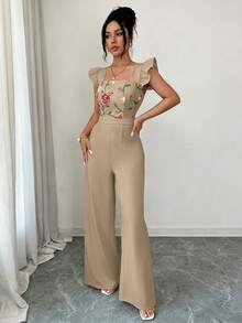 GlowEve Square Neck Cap Sleeve Ruffled Hem Floral Print Jumpsuit, Summer Rompers For Women Elegant Long - Khaki - View 4