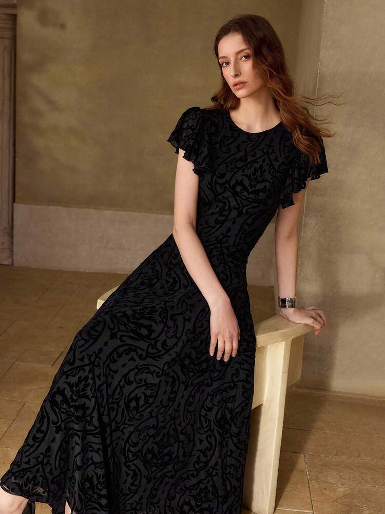 WOMEN'S ELEGANT LACE CROCHET RUFFLE TRIM FLUTTER SLEEVE LONG DRESS, 2026 SPRING/SUMMER NEW ARRIVAL
