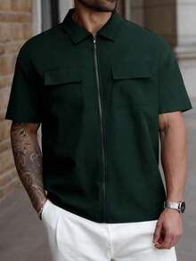 Manfinity Homme Plus Size Men's Solid Color Short Sleeve Zip-Up Shirt - Dark Green - View 5