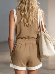 Balvessa Damen Khaki V-Ausschnitt ärmelloses Romper, taillierter Schlankheits-Casual Urlaubsanzug - Khaki - Übersicht 2
