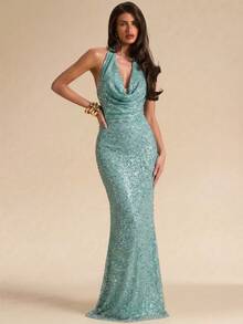 SHEIN BAE Spring & Summer Women's Casual Vacation Mesh Beaded Metal Decor Halter Backless Sexy Dress, Suitable For Beach Vacation, Beach Party, Music Festival, Shiny Glamorous Dress, Green Beaded Dress, Vacation Dress, Green Vacation Dress, Textured Fabric Dress, Vacation Dress,Summer Dresses For Women Elegant Dress - Green - View 3