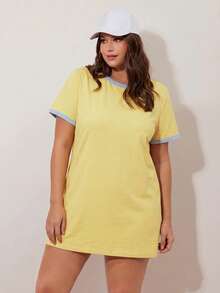 SHEIN BASICS Đầm mùa hè dáng rộng, cổ tròn, tay ngắn, phối màu, cỡ lớn, kiểu dáng thường ngày. - Vàng nhạt - Xem 6