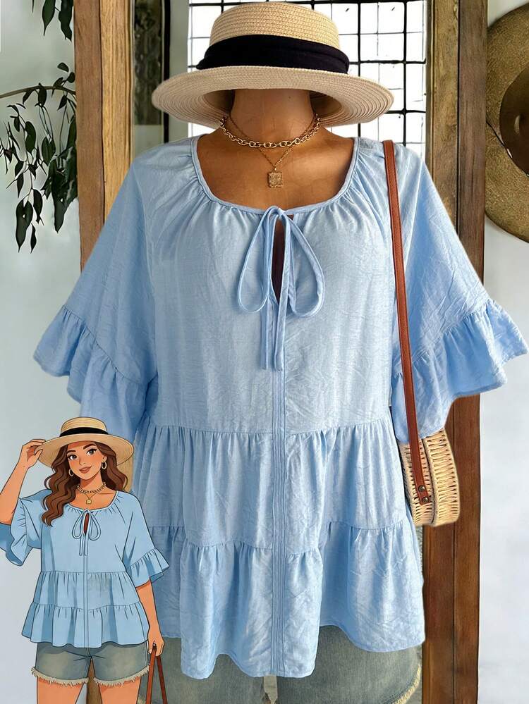 Plus Size Women's Summer Casual Vacation Country Solid Blue Ruffle Sleeve Blouse Top Shirt,Casual Holiday Style,Summer Outfits For Women ,Vacation Outfits Women ,Holiday Outfits For Women,Going Out Outfits, New Clothes,Simple And Fashionable For Everyday Wear,Suitable For Summer, Vacation, Daily Wear, Festival Outfits For Women,Country Concert Outfit,Beach Outfits For Women,Western Style,,Gifts For Mother,Boho  Shirt,Tunic Blouse