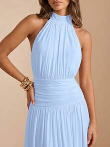 SHEIN BAE Women's Light Blue Summmer Elegant Dinner Halter Neck Ruched Backless Maxi High Slit Dress,Cocktail Party,Formal Event,Bridesmaid Evening Gown,Maxi - Baby Blue - View 4