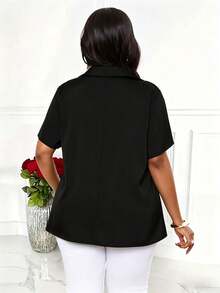 Villa Velisse Elegant Commuter Collared Design Plus Size Women Short Sleeve Blouse - Black - View 2
