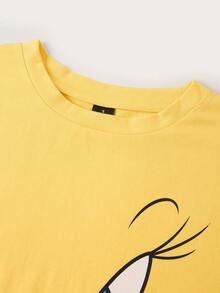 Slaydiva LOONEY TUNES X SHEIN Casual Street Style Yellow Cartoon Graphic Cropped Round Neck Short Sleeve Fitted Women T-Shirt, Suitable For Spring/Summer - Yellow - View 5