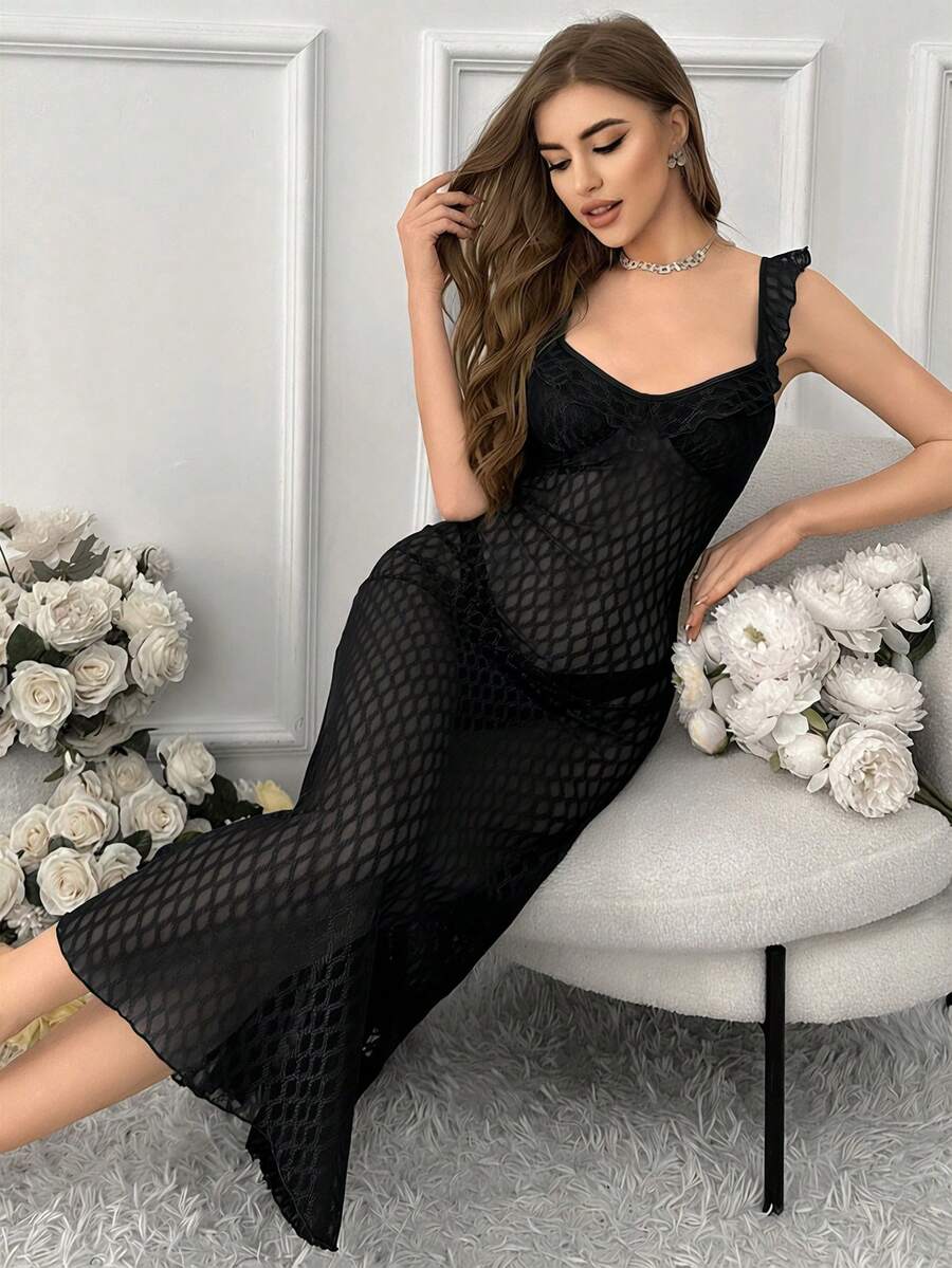 SHEIN 菱形网纱透明吊带睡裙 - 黑色 - 查看 1