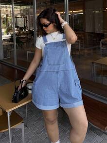 Dripcurv Plus-Size Women's Blue Retro Jumpsuit, Street-Style Preppy Denim Overalls Shorts, New Year's Outfit - Medium Wash - View 5