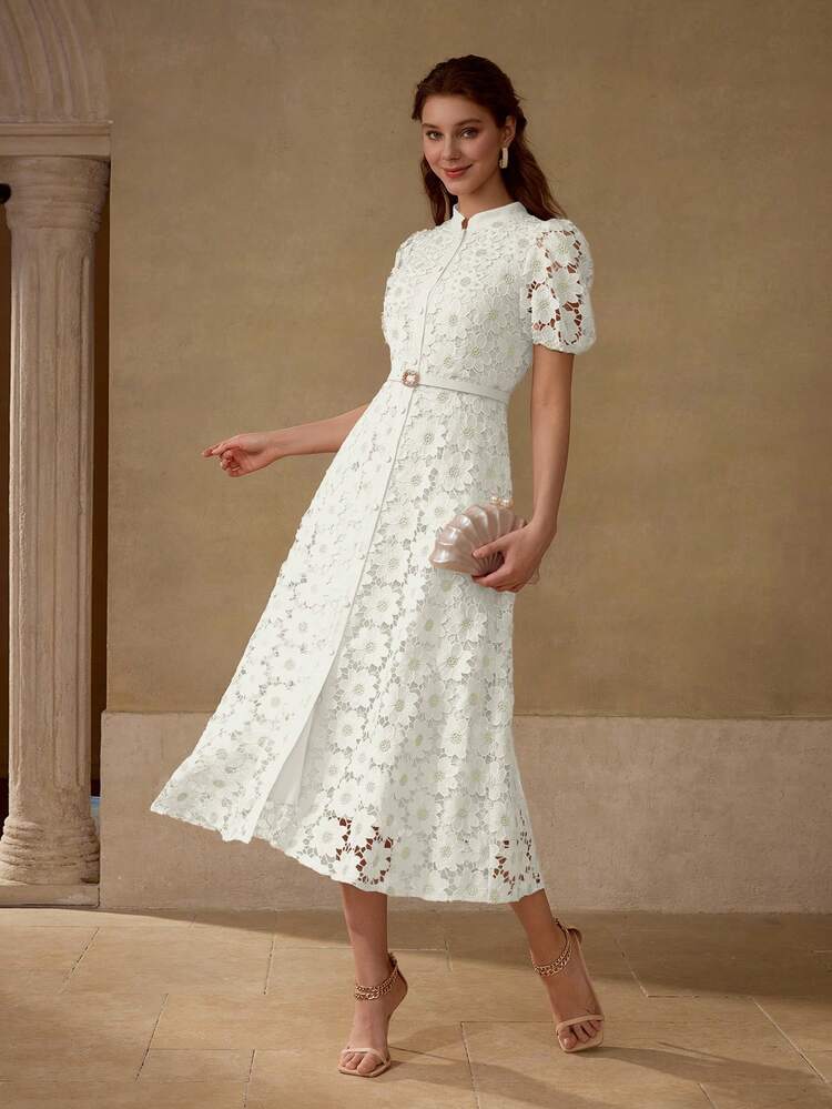 GOLD THREAD FLORAL EMBROIDERED MOCK COLLAR PUFFBALL SLEEVE FITTED FAUX PEARL MIDI DRESS