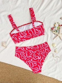 Swim Vcay 女士夏季随机印花吊带上衣和高腰泳裤两件套比基尼套装，适合海滩度假、邮轮旅行、日光浴等场合，两件套泳装，女士沙滩两件套服装 - 彩色 - 查看 3