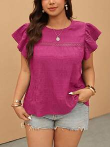 Elaquor Plus Size Casual Solid Color Flutter Sleeve Blouse - Hot Pink - View 6